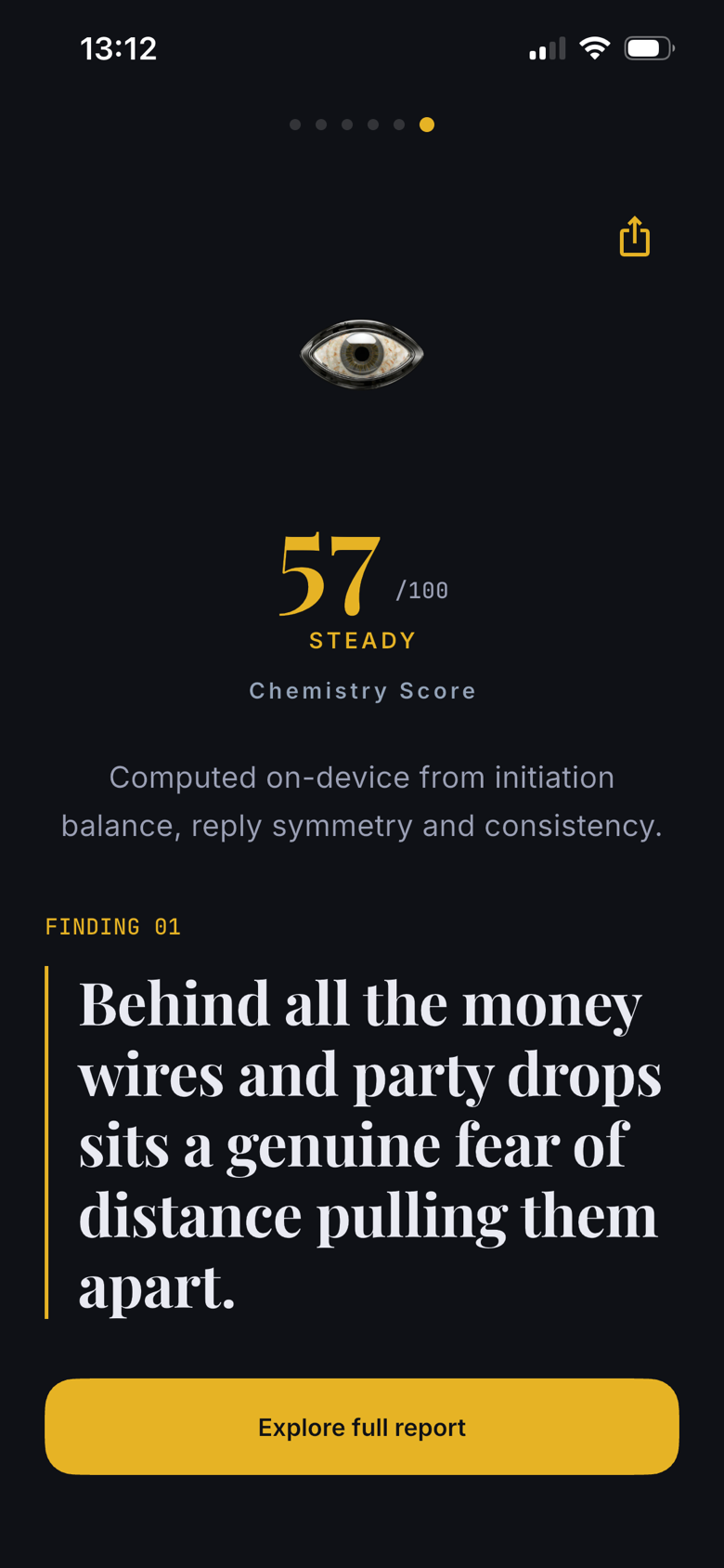The Third Eye reveal screen: a Chemistry Score of 57 out of 100 above the first finding of the read.